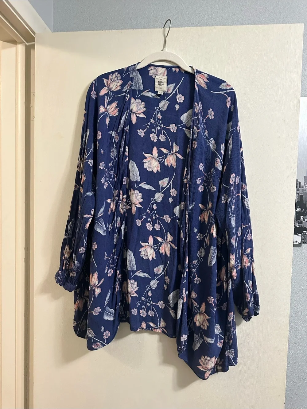 Floral Open-Front Kimono - Navy with Pink & Cream Blooms - Picture 1 of 3